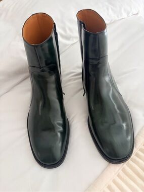 Maison Margiela Polished Green Leather Zip Chelsea Boots